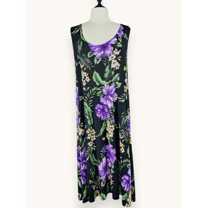 J&J Fashion Hawaii Tropical Floral Tank Dress Black Purple Hibiscus L/XL